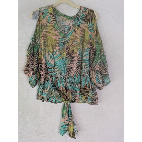 Democracy Tops - Democracy Top Women's Medium Green Tropical Palm Cold Shoulder Tie Front
